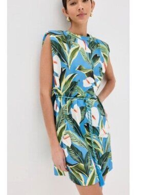 Farm Rio Blue Anthurium Garden Organic Cotton Mini T-Shirt Dress Size XS (S)